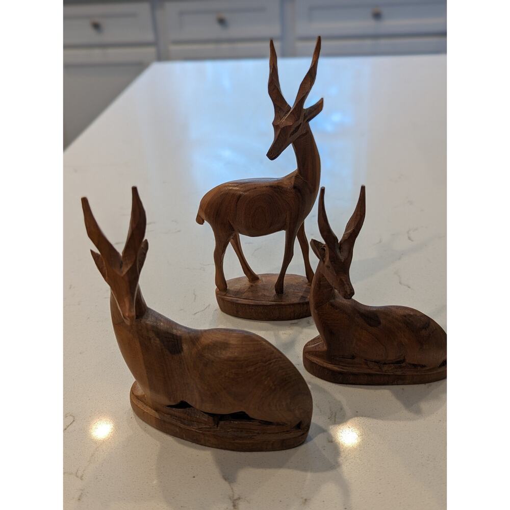 Carved Antelopes Set Of 3 Teak Wood Sculptures Hand carved Safari African... - Picture 2 of 14